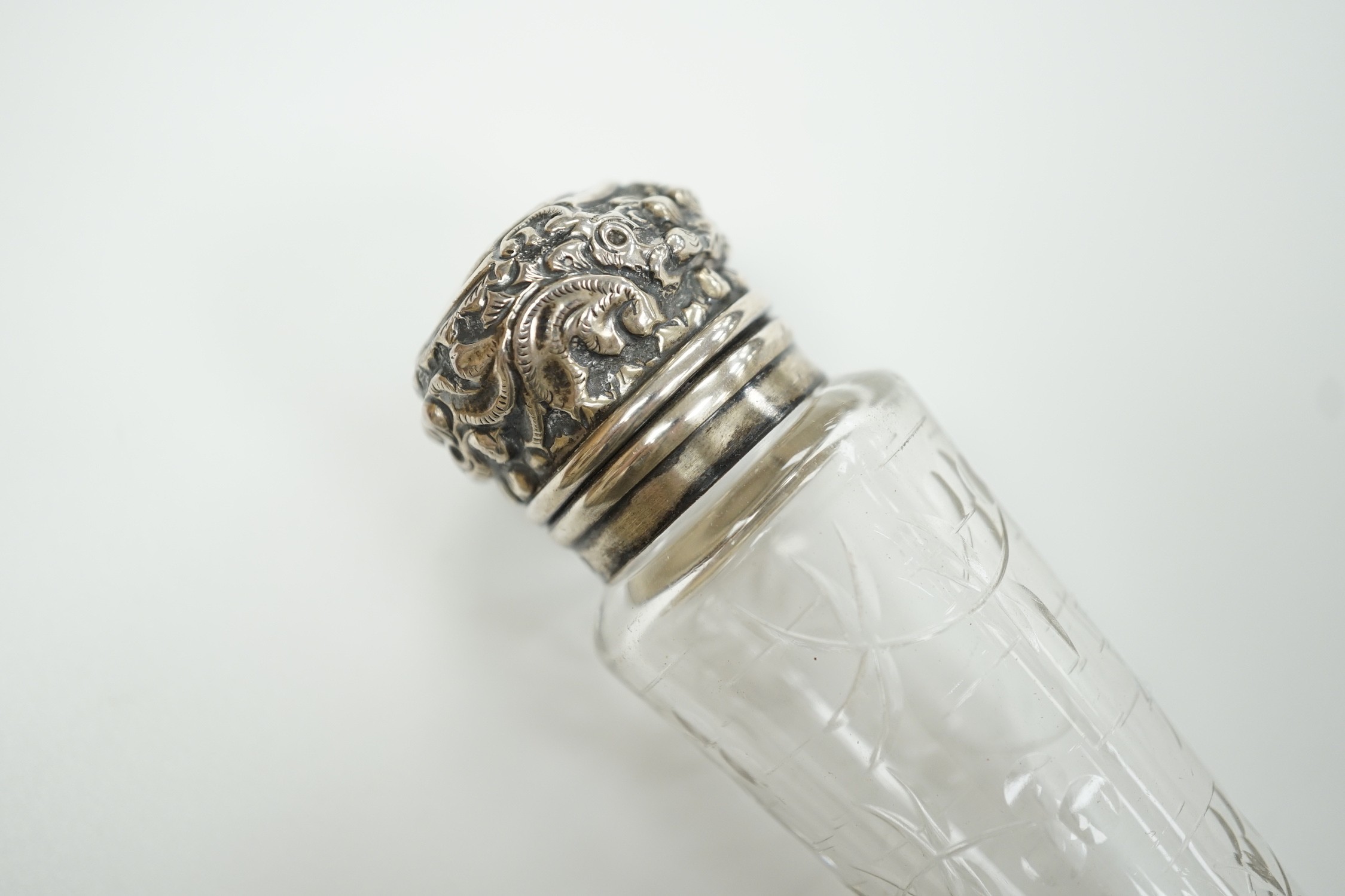 A late Victorian silver mounted cut glass teardrop shaped scent bottle, Birmingham, 1894, 21.4cm.